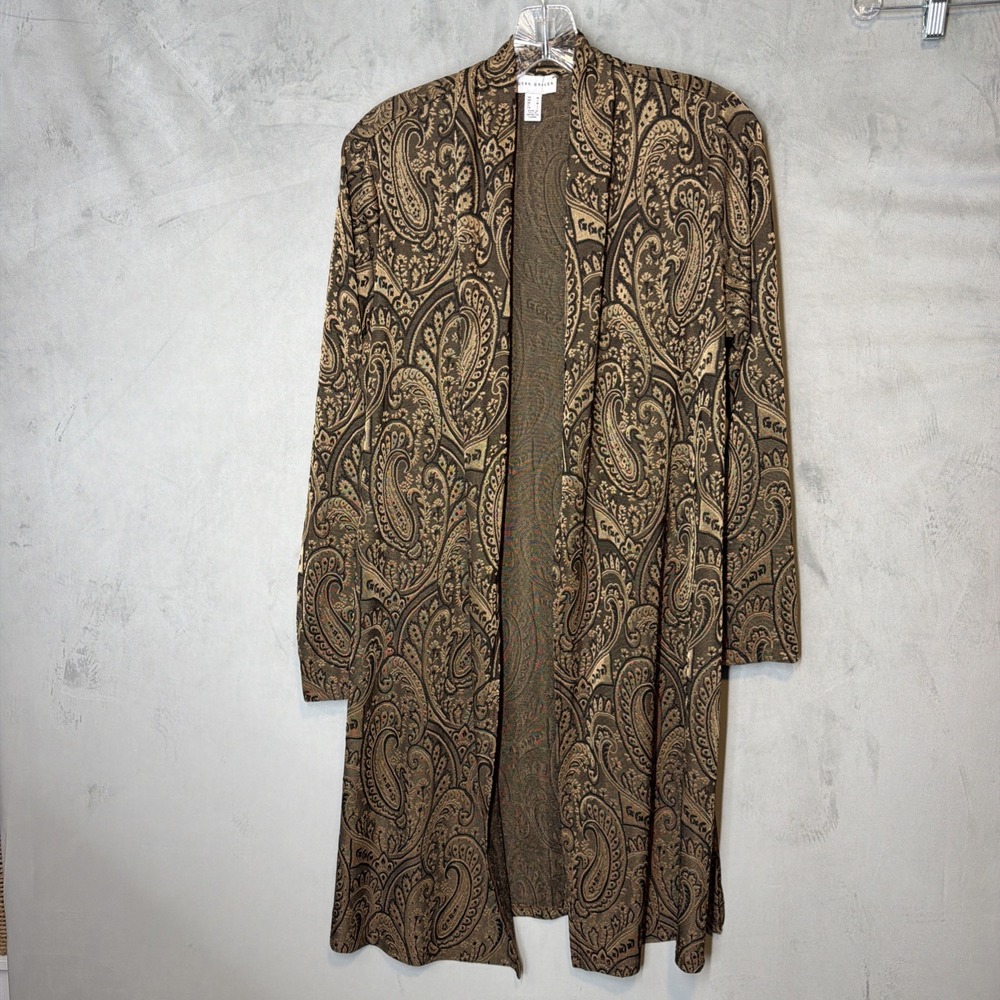 Susan Graver Womens M Paisley Long Open Front Cardigan Brown Stretch Duster